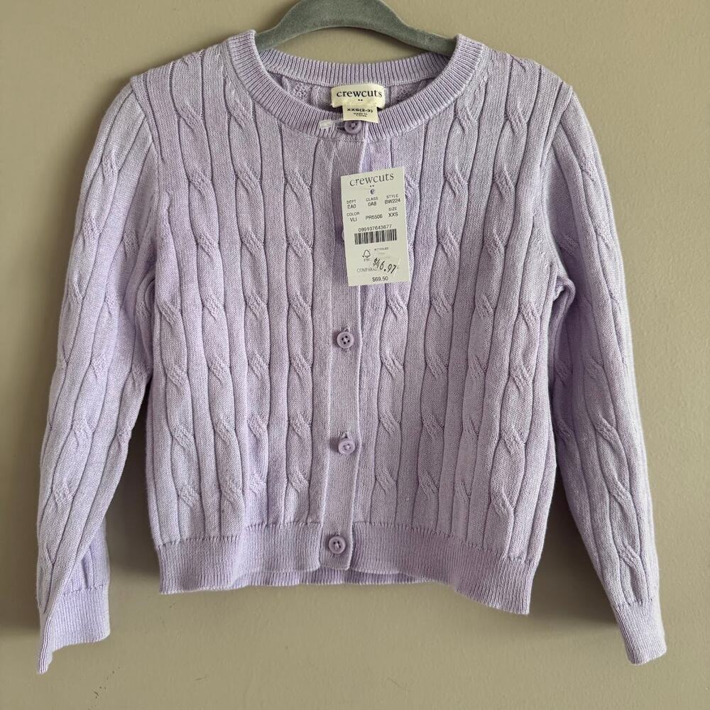 Crewcuts Cable Knit Cardigan Sweater Lavender Purple XXS 2-3 Year Toddler Girl's
